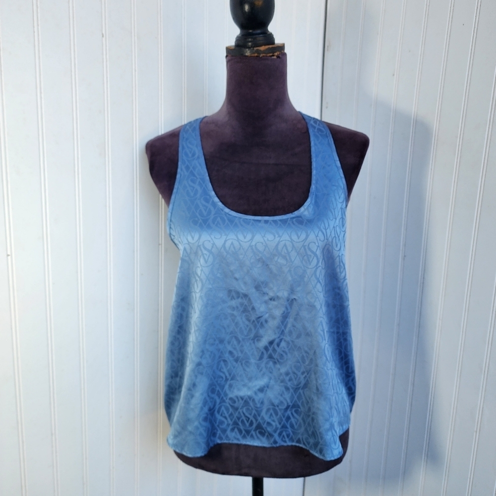Victoria's Secret Tank Top Sleep Lounge Shirt Blue Satin Embossed VS Logo Sz XS